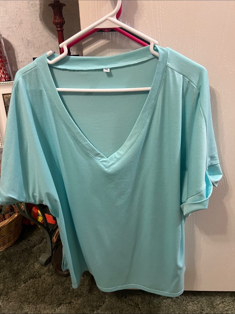Amazon Women's Short Sleeve V-Neck Top in Light Aqua